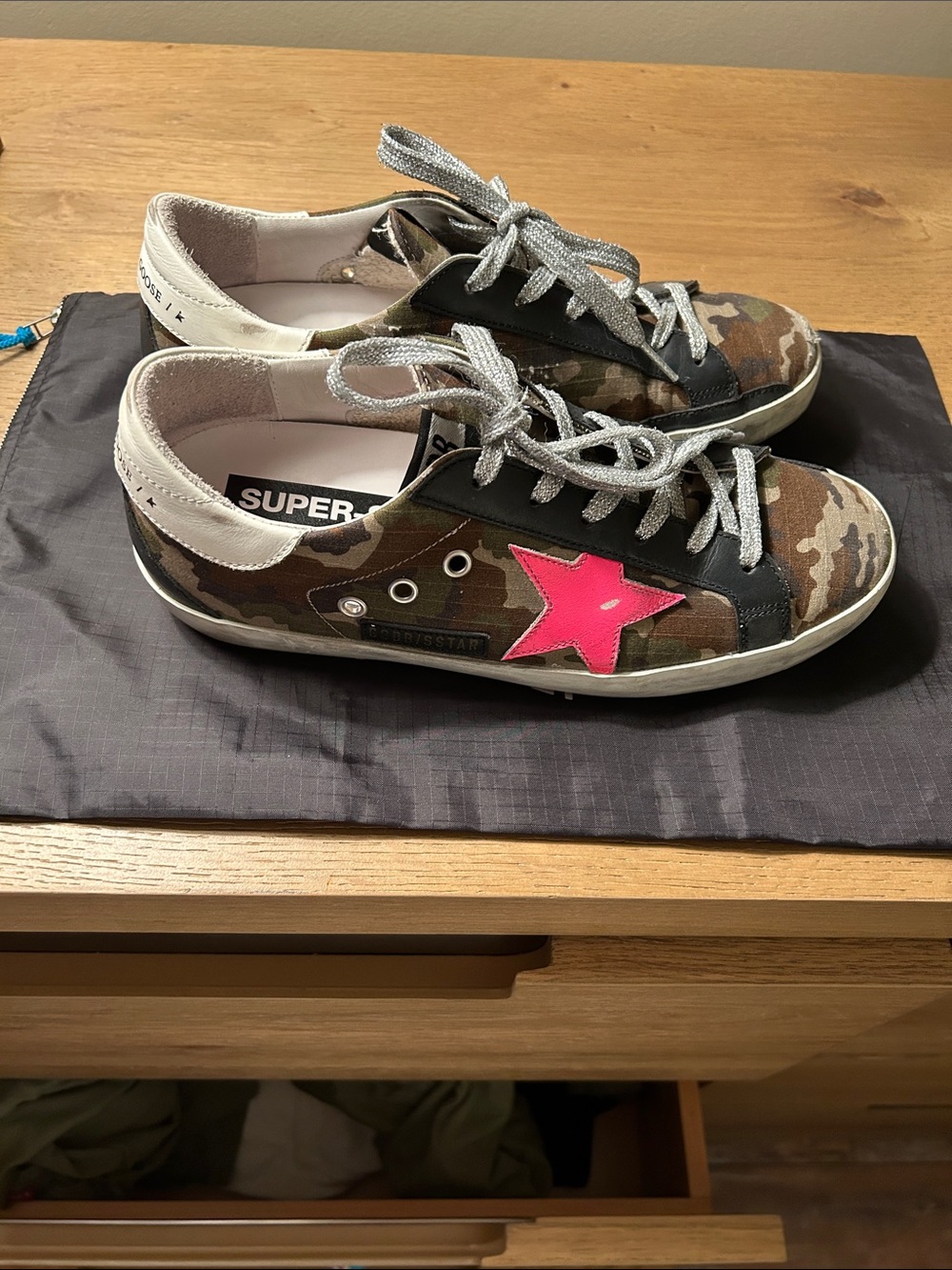 Golden Goose Camo Super Star Low-Top Sneakers with Hot Pink Star. Size 38